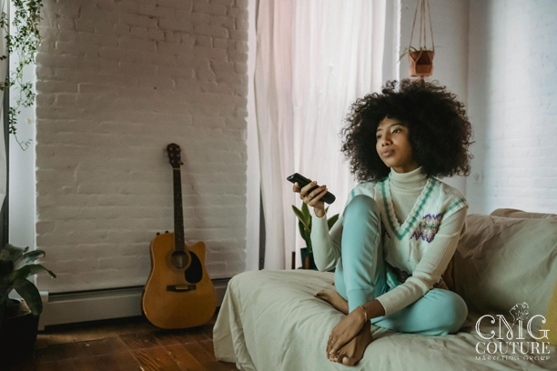 Viewer watching streaming TV content in a relaxed home setting